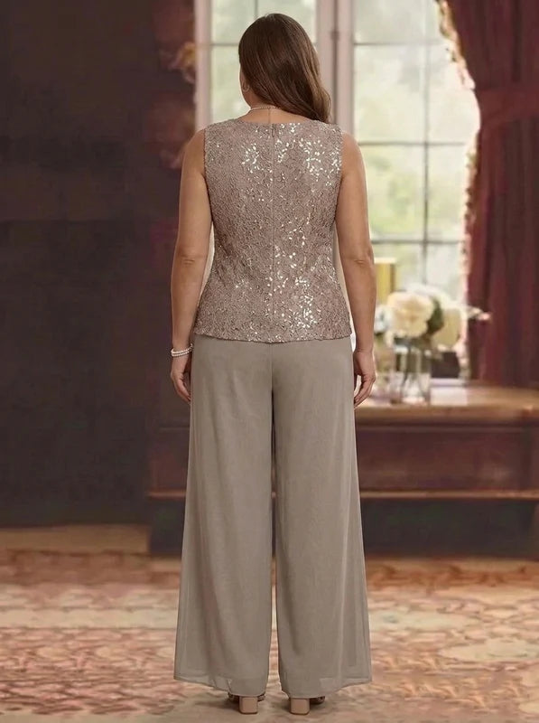 3 Pièces Tailleur Pantalon Mère de la Mariée en Mousseline, Grande Taille, Col Rond, Manches Longues, Longueur Cheville, avec Veste en Dentelle