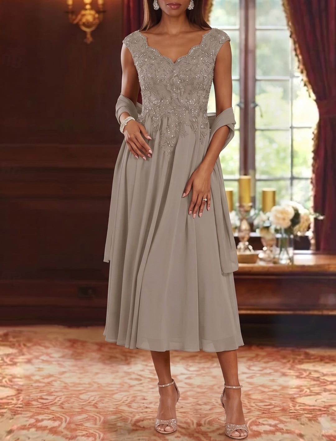 Robe mère de la mariée, Ligne A/Princesse, 2 Pièces, Col en V, Mousseline, Sans Manches, Longueur du Thé, Dentelle, Florale