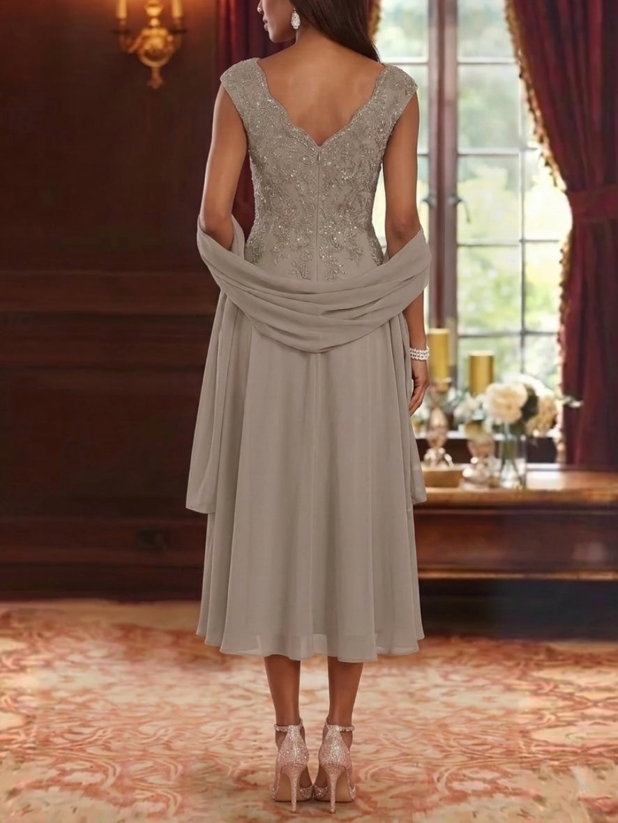 Robe mère de la mariée, Ligne A/Princesse, 2 Pièces, Col en V, Mousseline, Sans Manches, Longueur du Thé, Dentelle, Florale