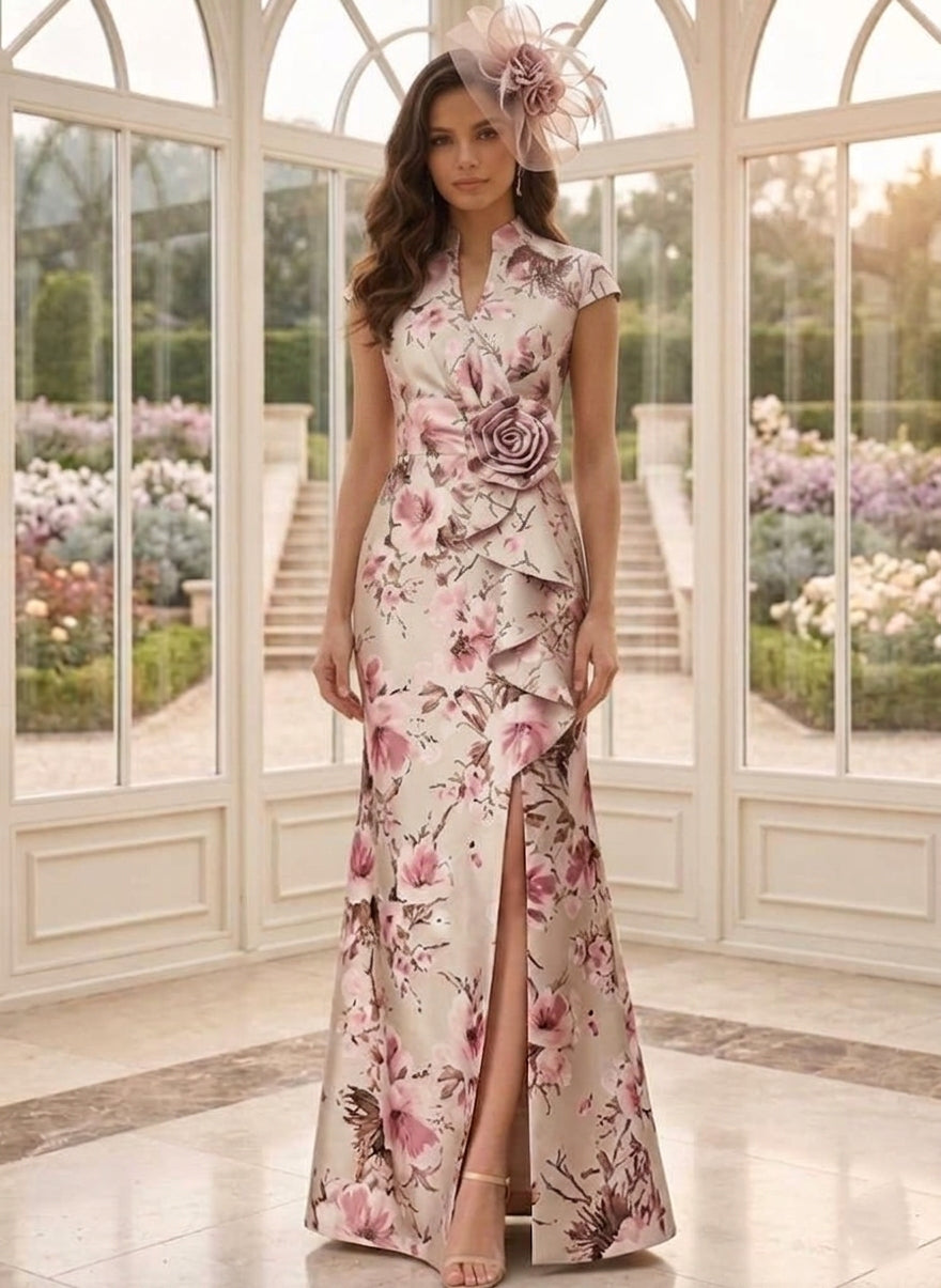 Robe mère de la mariée, Ligne A/Princesse, Col en V, Satin Imprimé, Manches Cape, Longueur au Sol, Fleurs 3D