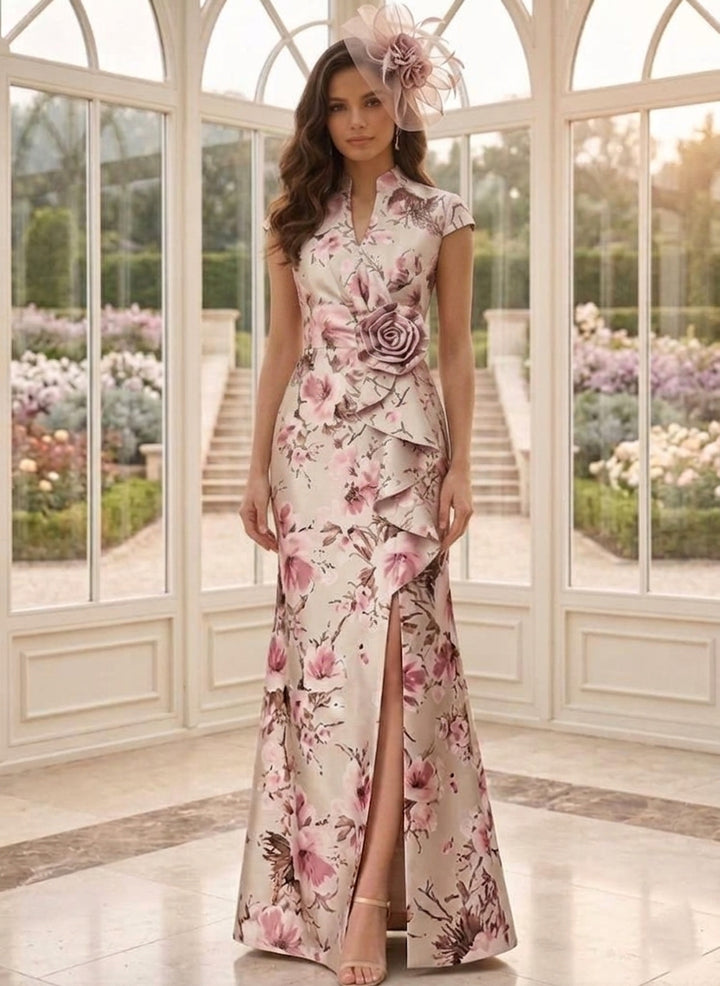 Robe mère de la mariée, Ligne A/Princesse, Col en V, Satin Imprimé, Manches Cape, Longueur au Sol, Fleurs 3D