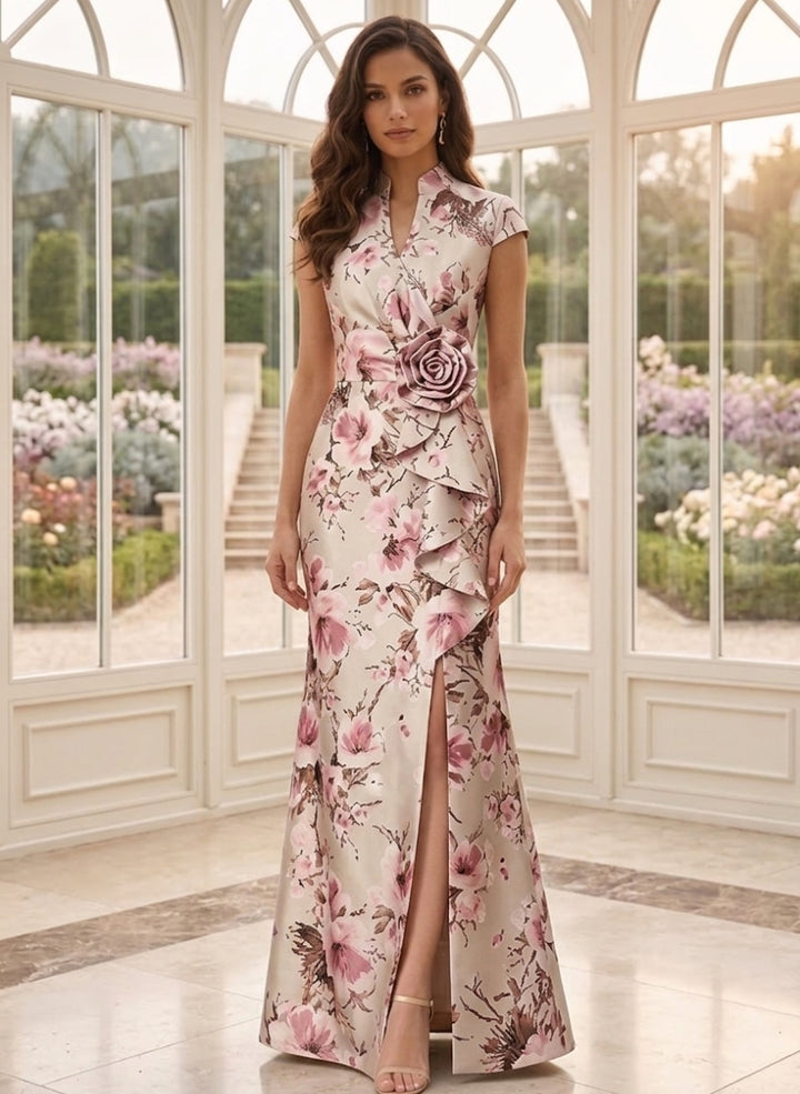 Robe mère de la mariée, Ligne A/Princesse, Col en V, Satin Imprimé, Manches Cape, Longueur au Sol, Fleurs 3D