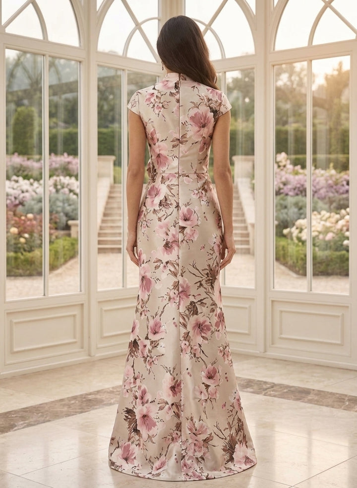 Robe mère de la mariée, Ligne A/Princesse, Col en V, Satin Imprimé, Manches Cape, Longueur au Sol, Fleurs 3D
