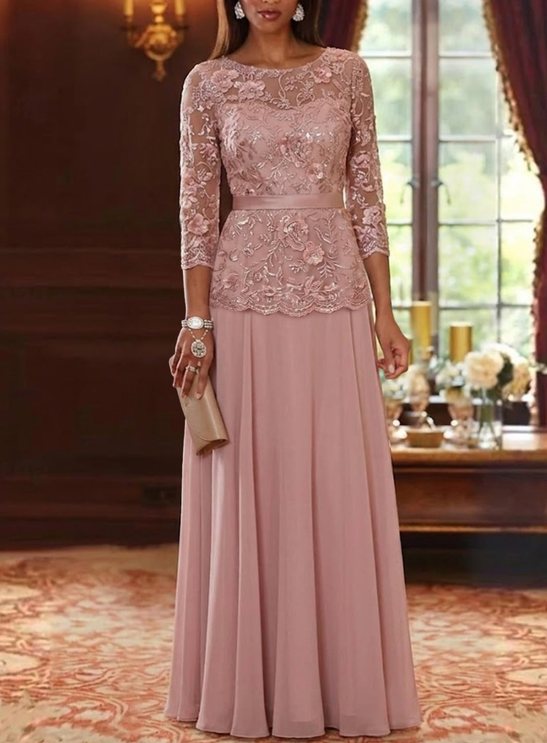 Robe mère de la mariée, Ligne A/Princesse, Col Rond, Mousseline, Manches 3/4, Longueur au Sol, Florale