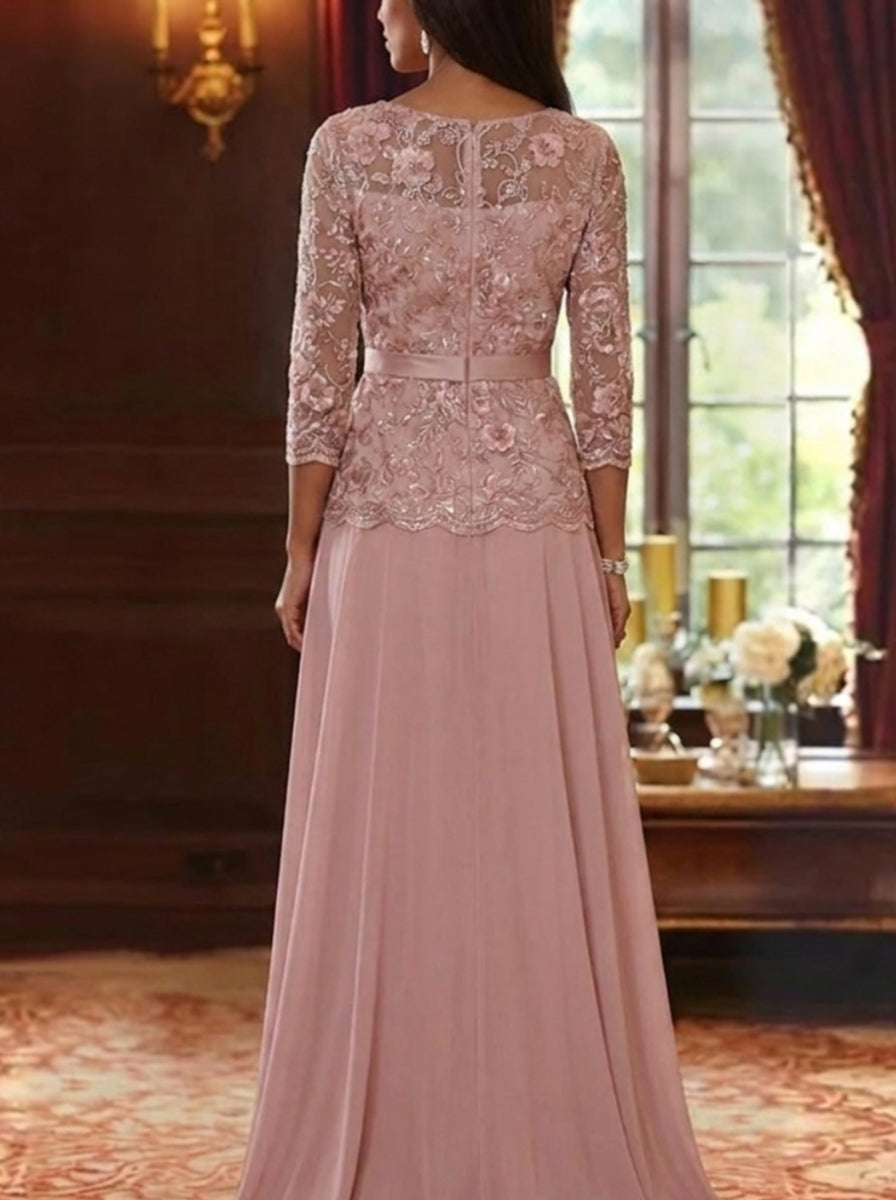 Robe mère de la mariée, Ligne A/Princesse, Col Rond, Mousseline, Manches 3/4, Longueur au Sol, Florale