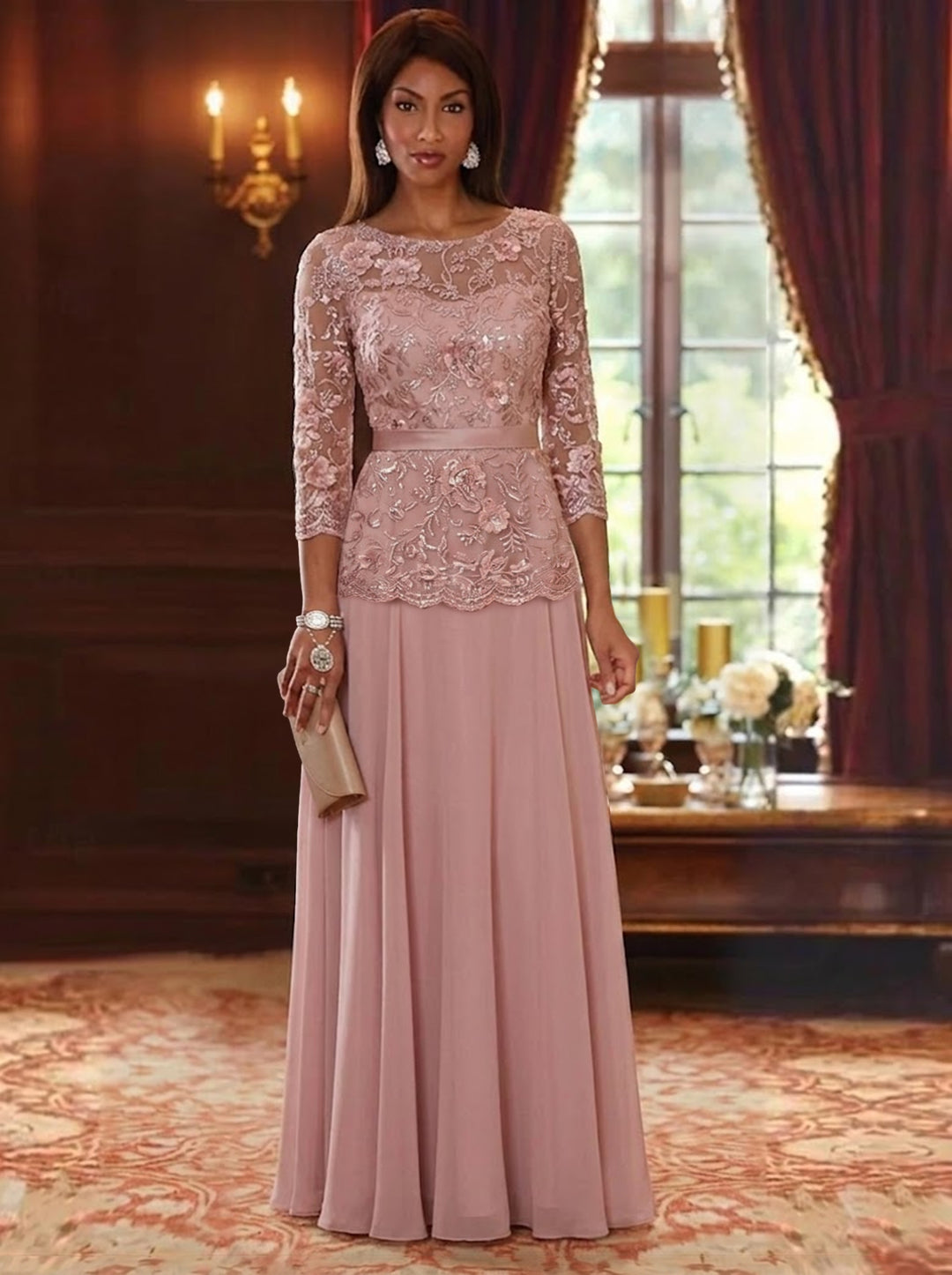 Robe mère de la mariée, Ligne A/Princesse, Col Rond, Mousseline, Manches 3/4, Longueur au Sol, Florale