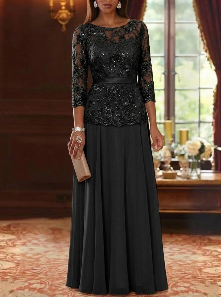 Robe mère de la mariée, Ligne A/Princesse, Col Rond, Mousseline, Manches 3/4, Longueur au Sol, Florale