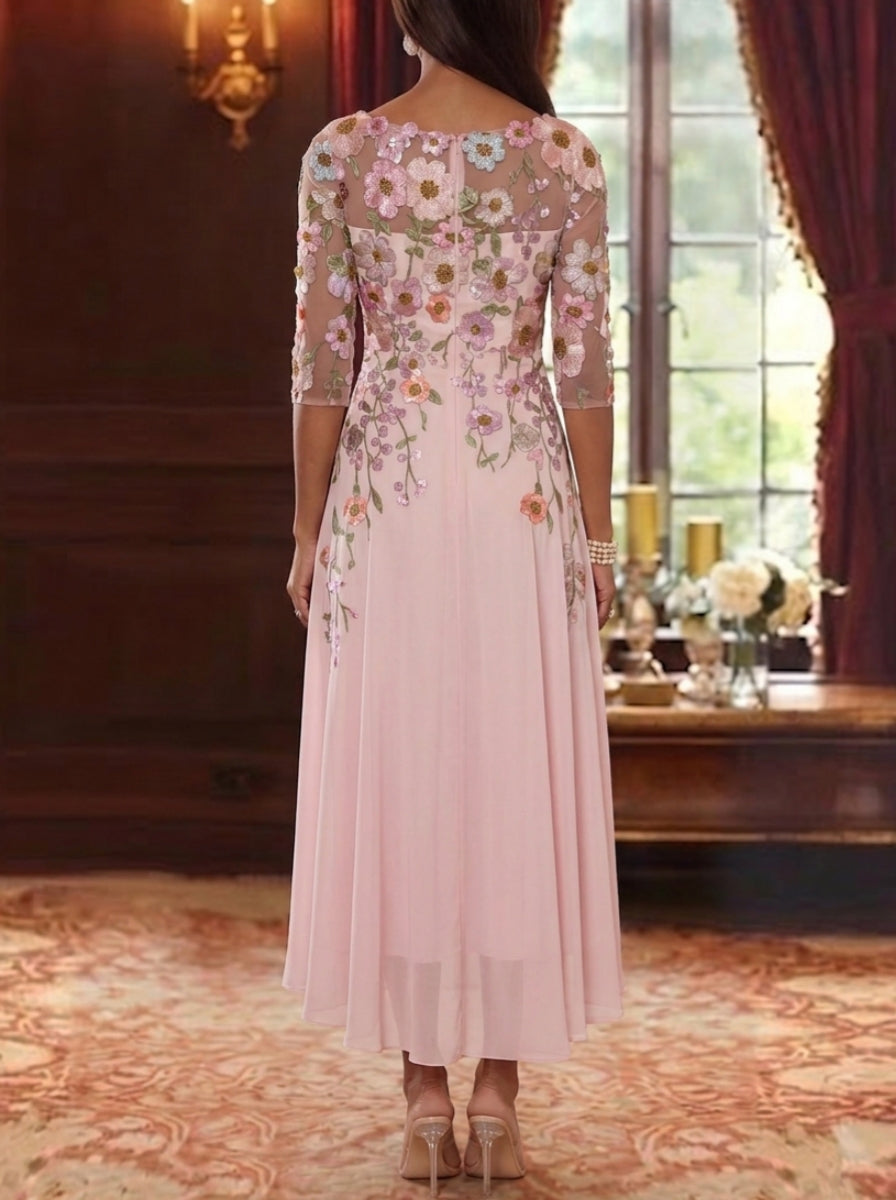 Robe mère de la mariée, Ligne A/Princesse, Col Rond, Mousseline, Manches 3/4, Longueur du Thé, Florale
