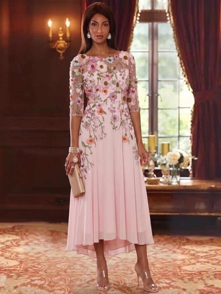 Robe mère de la mariée, Ligne A/Princesse, Col Rond, Mousseline, Manches 3/4, Longueur du Thé, Florale