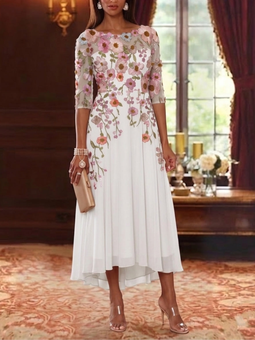 Robe mère de la mariée, Ligne A/Princesse, Col Rond, Mousseline, Manches 3/4, Longueur du Thé, Florale