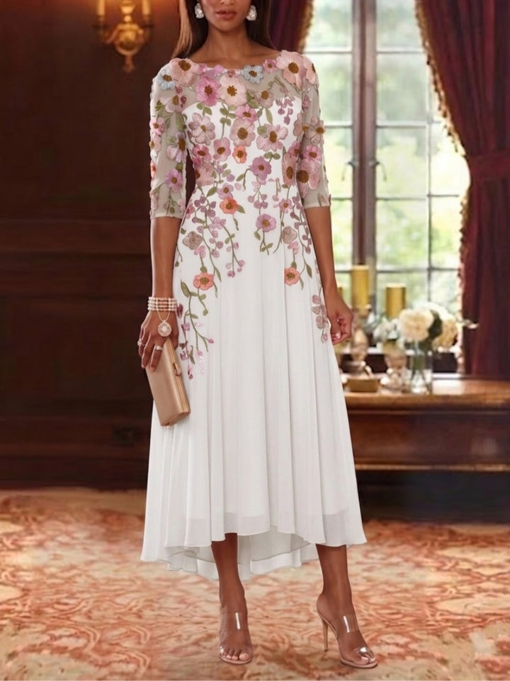 Robe mère de la mariée, Ligne A/Princesse, Col Rond, Mousseline, Manches 3/4, Longueur du Thé, Florale