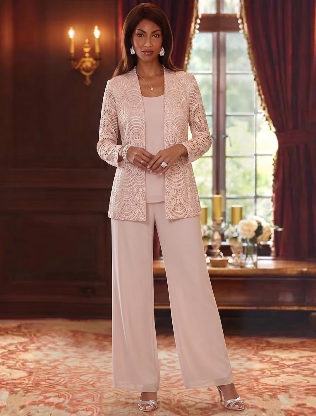Robe mère de la mariée, 3 Pièces, Costume-Pantalon, Col Rond, Mousseline, Manches Longues, Longueur de la Cheville, Dentelle