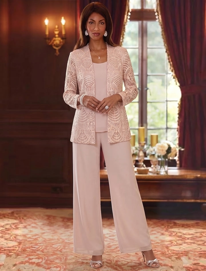 Robe mère de la mariée, 3 Pièces, Costume-Pantalon, Col Rond, Mousseline, Manches Longues, Longueur de la Cheville, Dentelle