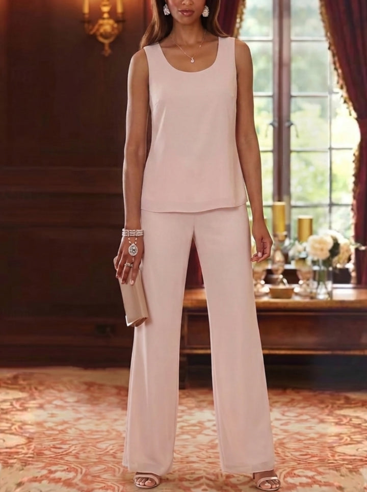 Robe mère de la mariée, 3 Pièces, Costume-Pantalon, Col Rond, Mousseline, Manches Longues, Longueur de la Cheville, Dentelle