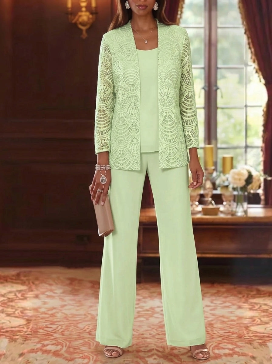 Robe mère de la mariée, 3 Pièces, Costume-Pantalon, Col Rond, Mousseline, Manches Longues, Longueur de la Cheville, Dentelle