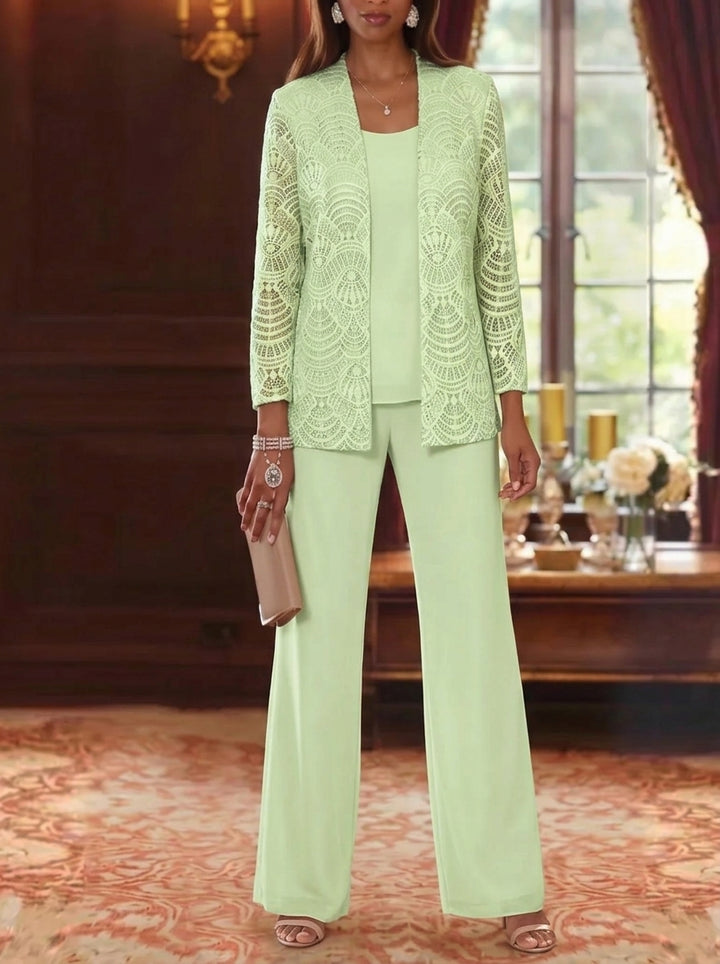 Robe mère de la mariée, 3 Pièces, Costume-Pantalon, Col Rond, Mousseline, Manches Longues, Longueur de la Cheville, Dentelle