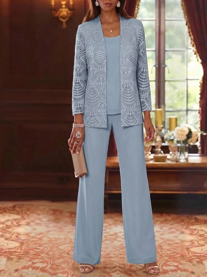 Robe mère de la mariée, 3 Pièces, Costume-Pantalon, Col Rond, Mousseline, Manches Longues, Longueur de la Cheville, Dentelle