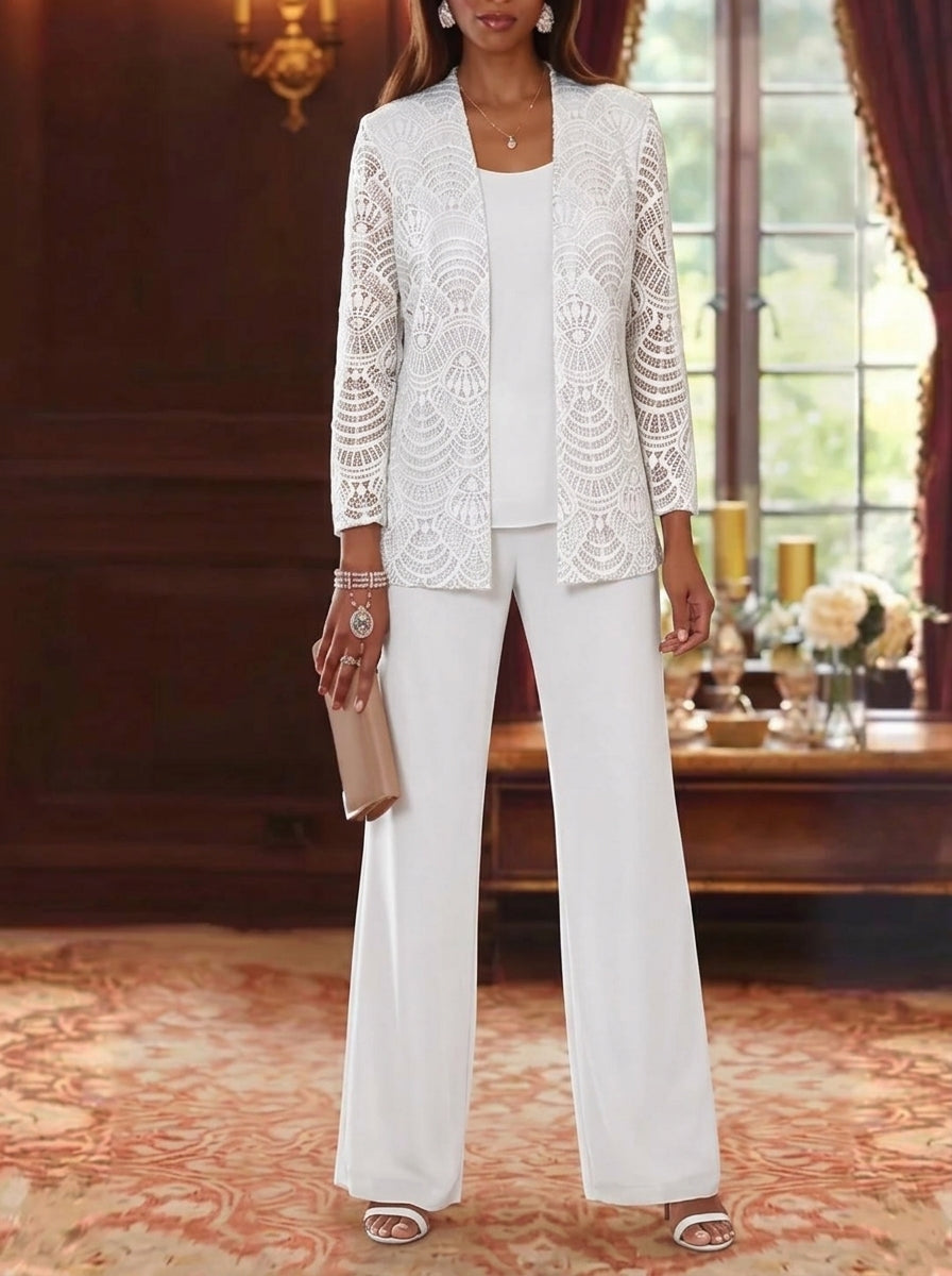 Robe mère de la mariée, 3 Pièces, Costume-Pantalon, Col Rond, Mousseline, Manches Longues, Longueur de la Cheville, Dentelle