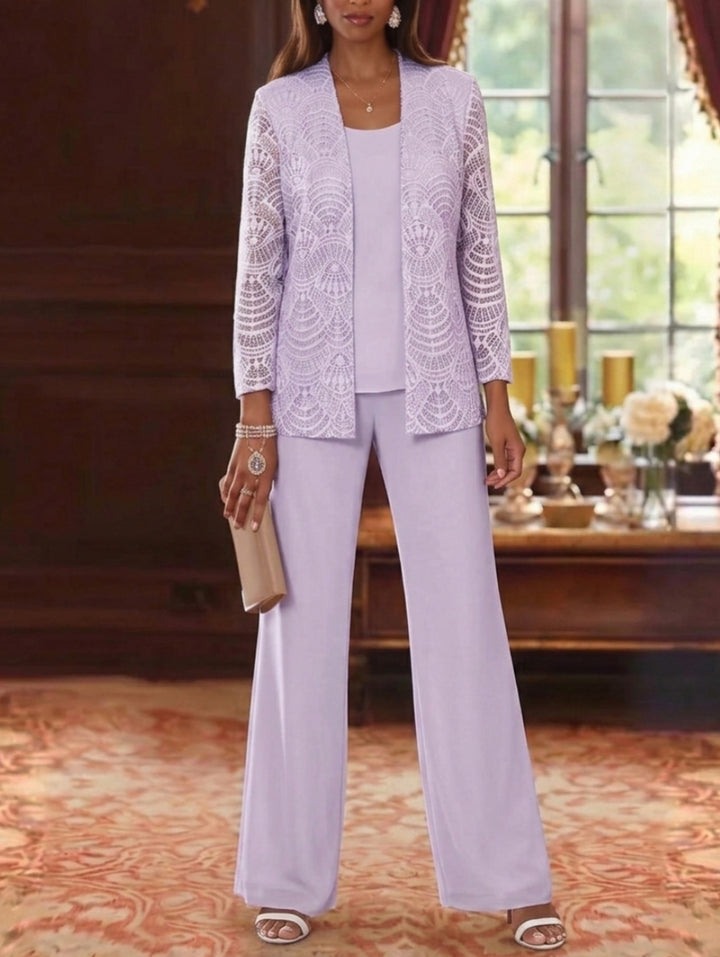 Robe mère de la mariée, 3 Pièces, Costume-Pantalon, Col Rond, Mousseline, Manches Longues, Longueur de la Cheville, Dentelle