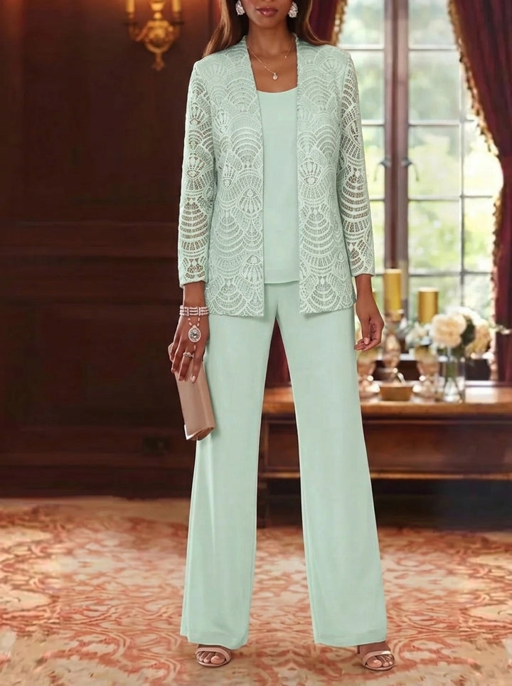 Robe mère de la mariée, 3 Pièces, Costume-Pantalon, Col Rond, Mousseline, Manches Longues, Longueur de la Cheville, Dentelle
