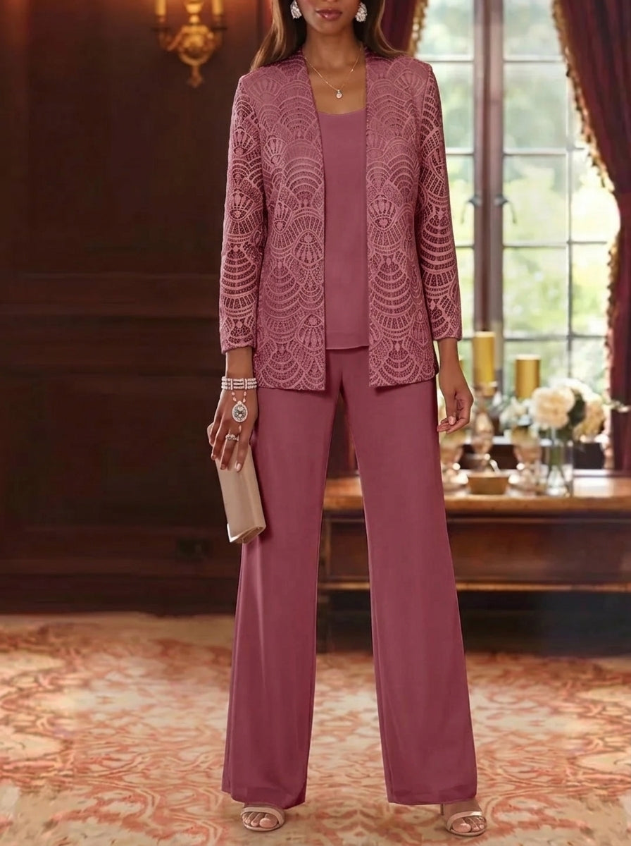 Robe mère de la mariée, 3 Pièces, Costume-Pantalon, Col Rond, Mousseline, Manches Longues, Longueur de la Cheville, Dentelle