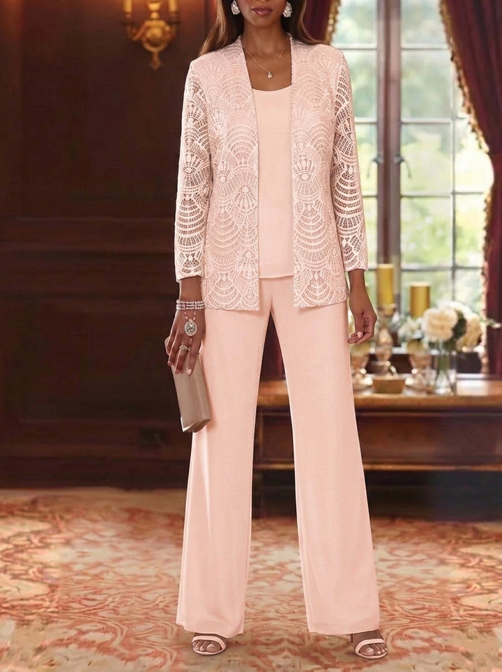 Robe mère de la mariée, 3 Pièces, Costume-Pantalon, Col Rond, Mousseline, Manches Longues, Longueur de la Cheville, Dentelle