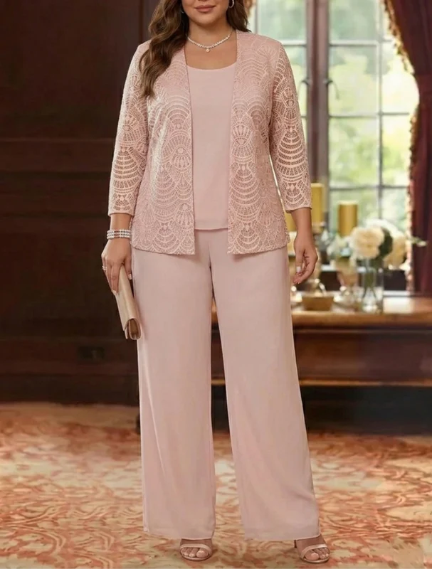 3 Pièces Tailleur Pantalon Mère de la Mariée en Mousseline, Grande Taille, Col Rond, Manches Longues, Longueur Cheville, avec Veste en Dentelle
