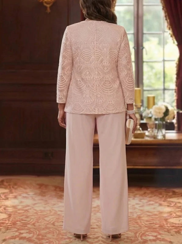 3 Pièces Tailleur Pantalon Mère de la Mariée en Mousseline, Grande Taille, Col Rond, Manches Longues, Longueur Cheville, avec Veste en Dentelle