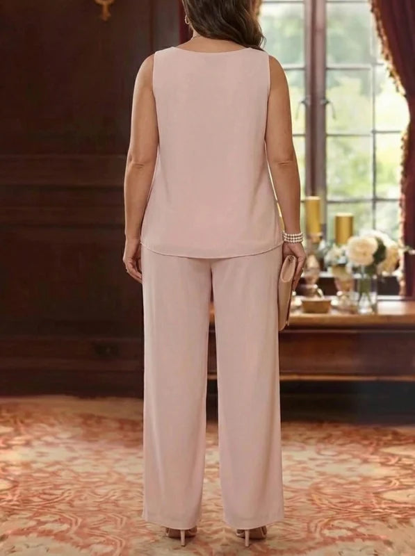 3 Pièces Tailleur Pantalon Mère de la Mariée en Mousseline, Grande Taille, Col Rond, Manches Longues, Longueur Cheville, avec Veste en Dentelle
