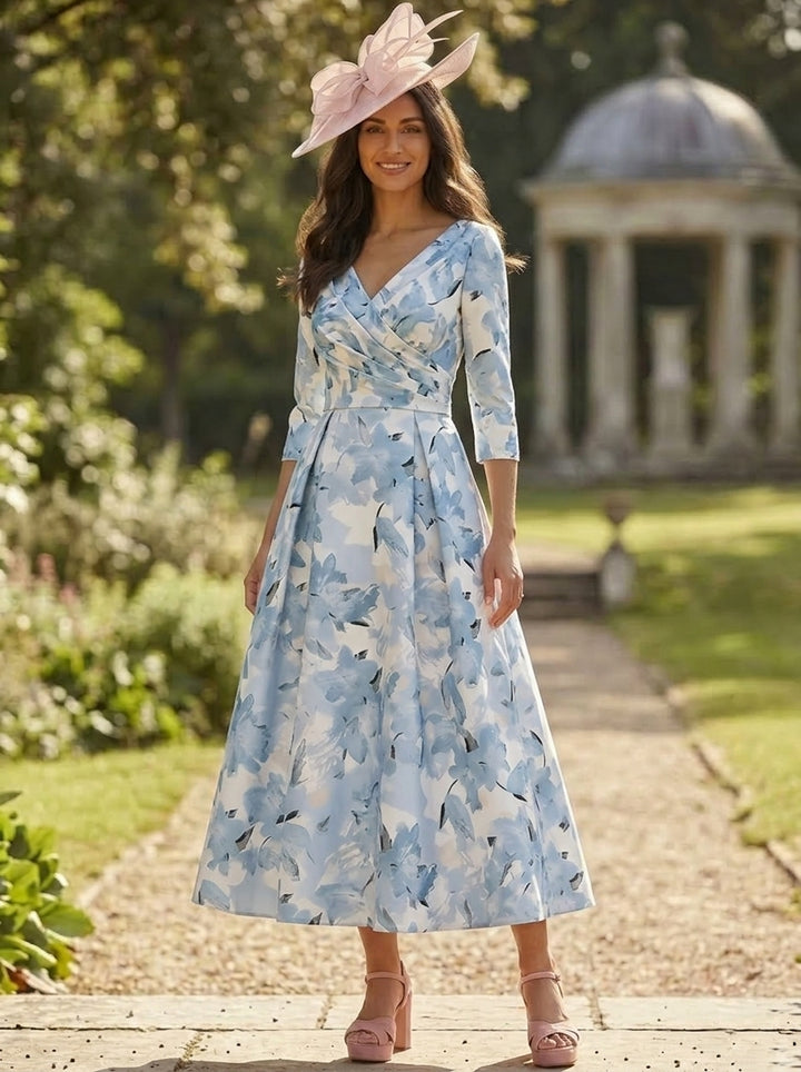 Robe mère de la mariée, Ligne A/Princesse, Col en V, Satin, Manches 3/4, Longueur du Thé, Florale