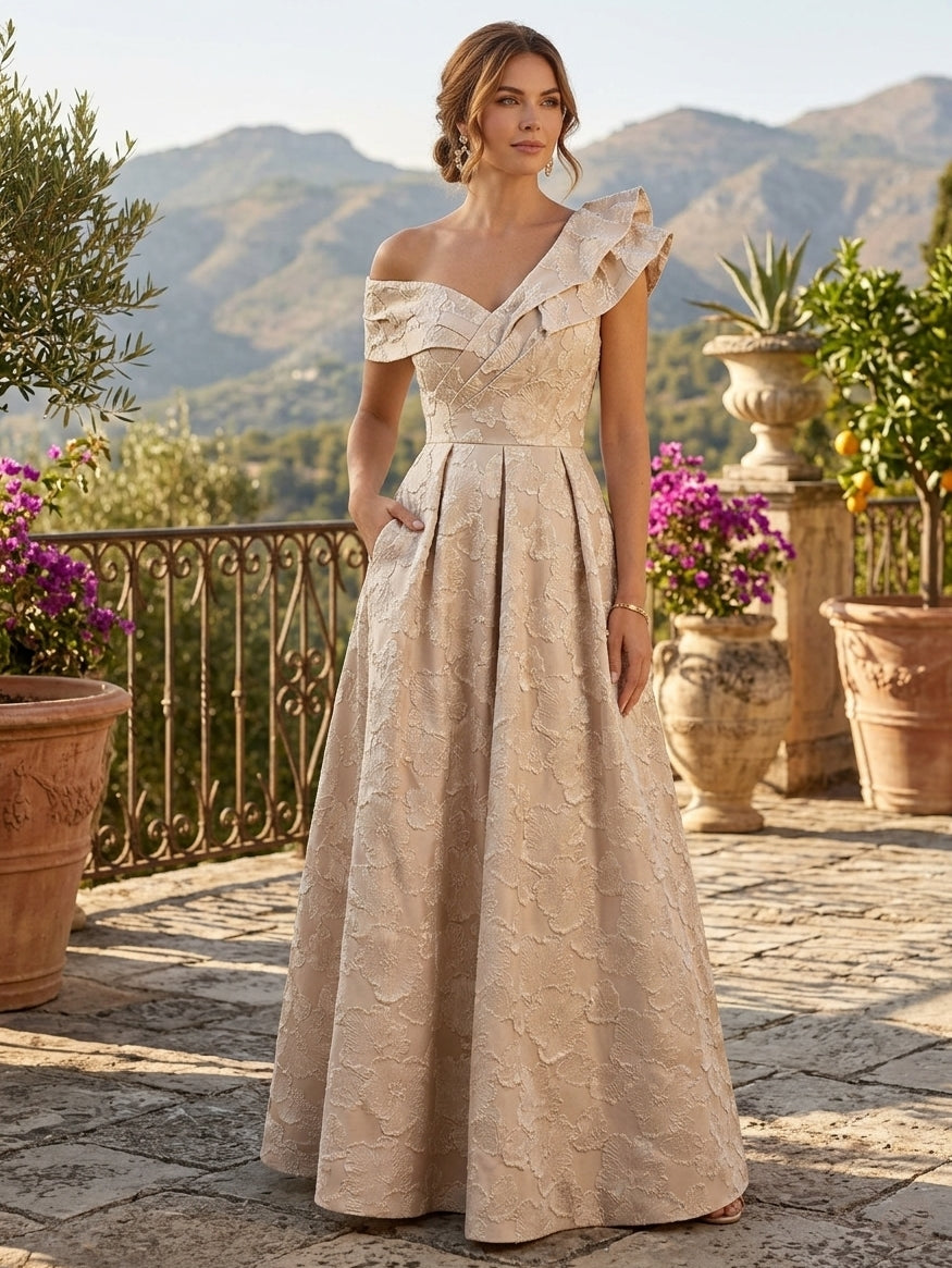 Robe mère de la mariée, Ligne A/Princesse, Une épaule nue, Jacquard, Sans Manches, Longueur au Sol, Volants, Florale