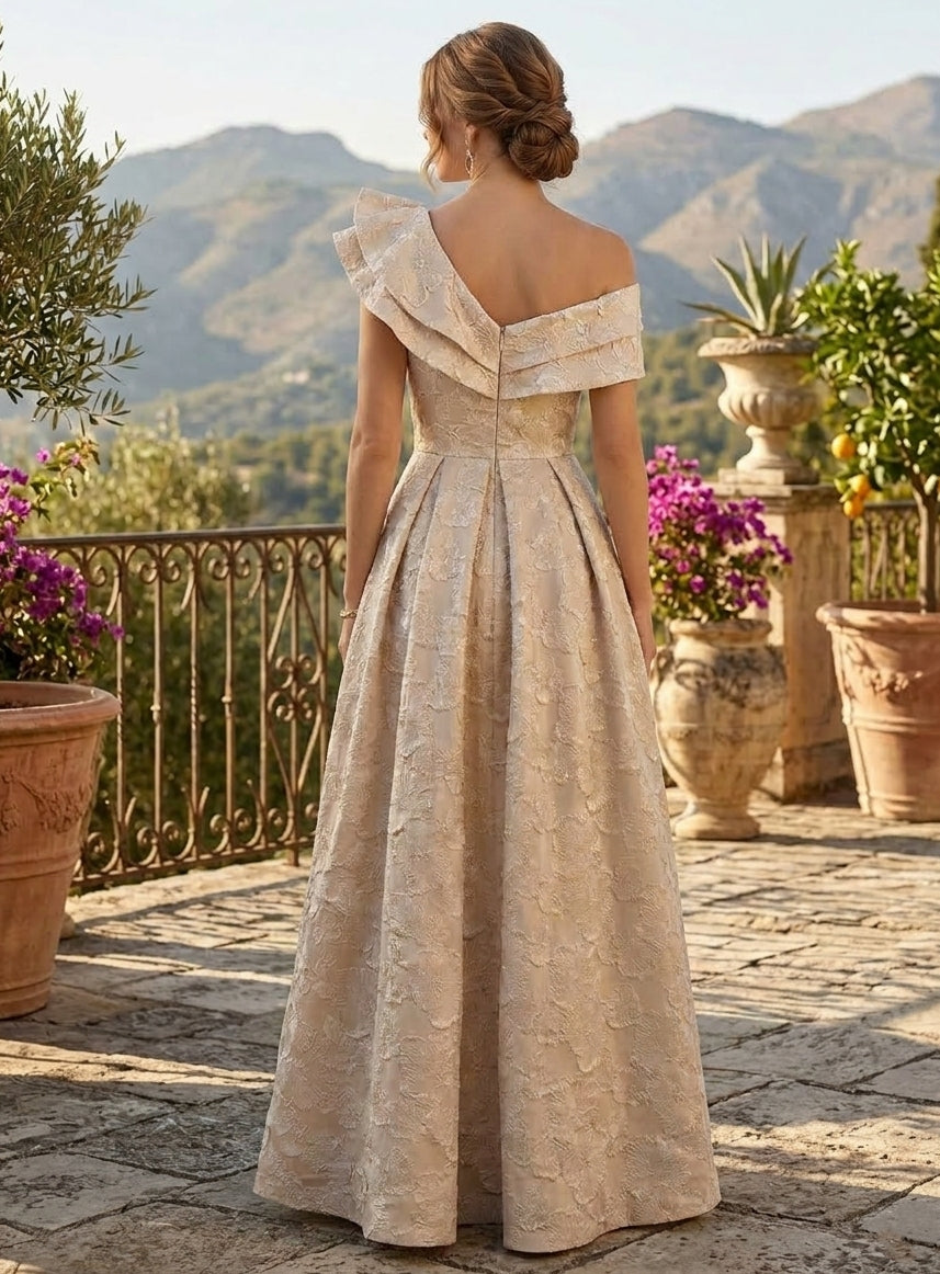 Robe mère de la mariée, Ligne A/Princesse, Une épaule nue, Jacquard, Sans Manches, Longueur au Sol, Volants, Florale