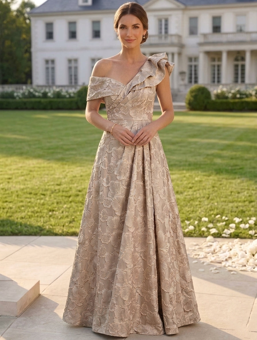 Robe mère de la mariée, Ligne A/Princesse, Une épaule nue, Jacquard, Sans Manches, Longueur au Sol, Volants, Florale