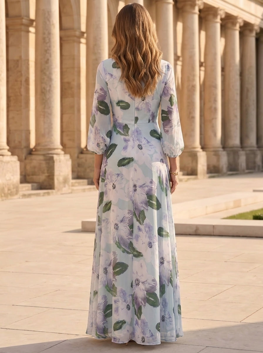 Robe mère de la mariée, Ligne A/Princesse, Manches 3/4, Longueur de la Cheville, Mousseline, Col Rond, Florale