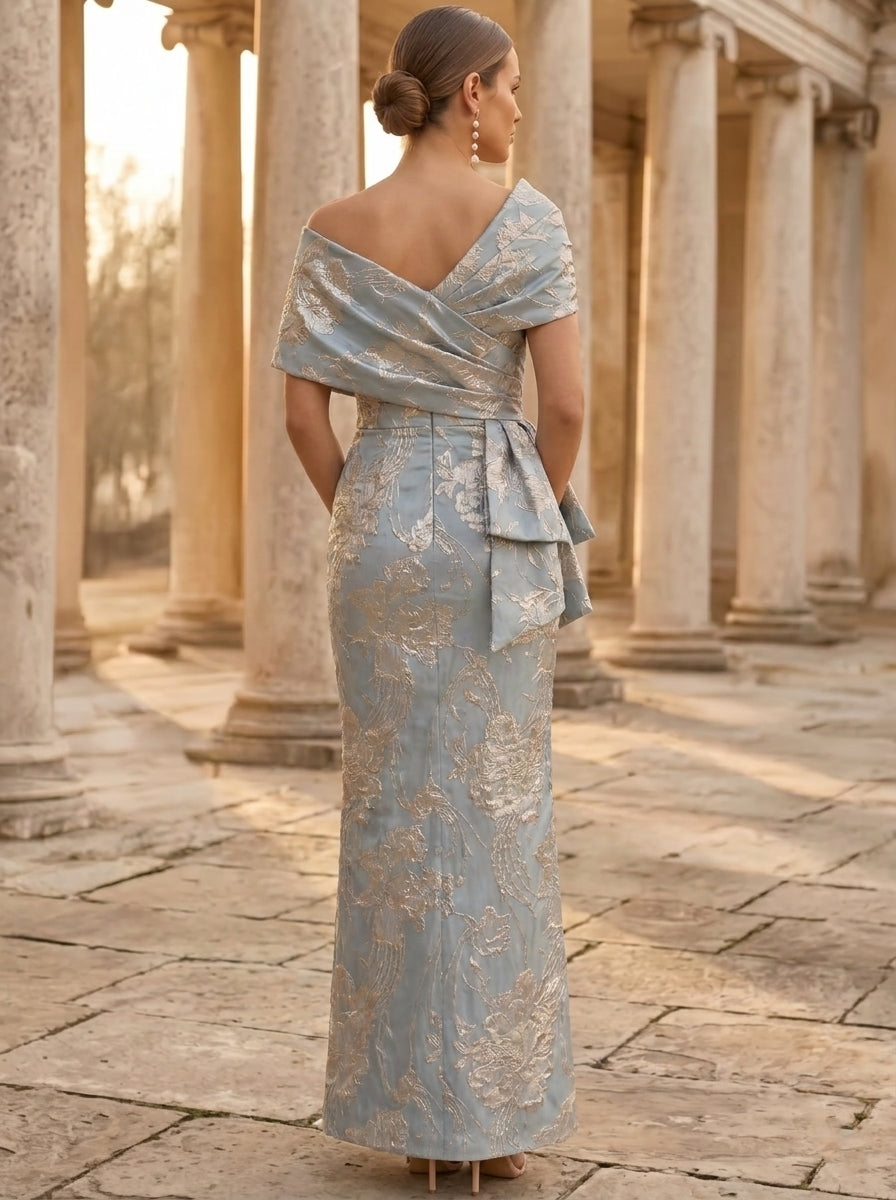 Robe mère de la mariée, Gaine/Colonne, Col Carré, Jacquard, Manches Courtes, Longueur de la Cheville, Florale, Froncée