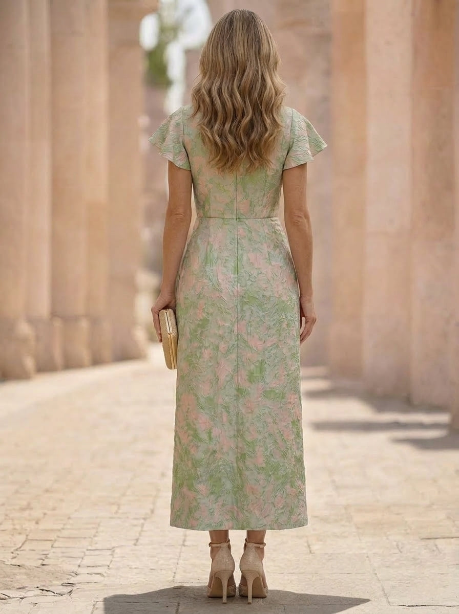 Robe mère de la mariée, Gaine/Colonne, Col Rond, Jacquard, Manches Bouffantes, Longueur de la Cheville, Volants