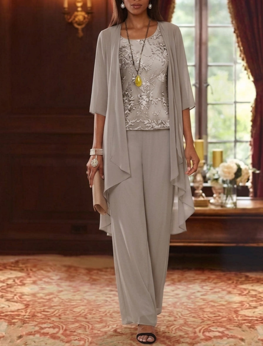 Robe mère de la mariée, Costume-Pantalon, Col Rond, Mousseline, Manches 3/4, Longueur de la Cheville, Dentelle