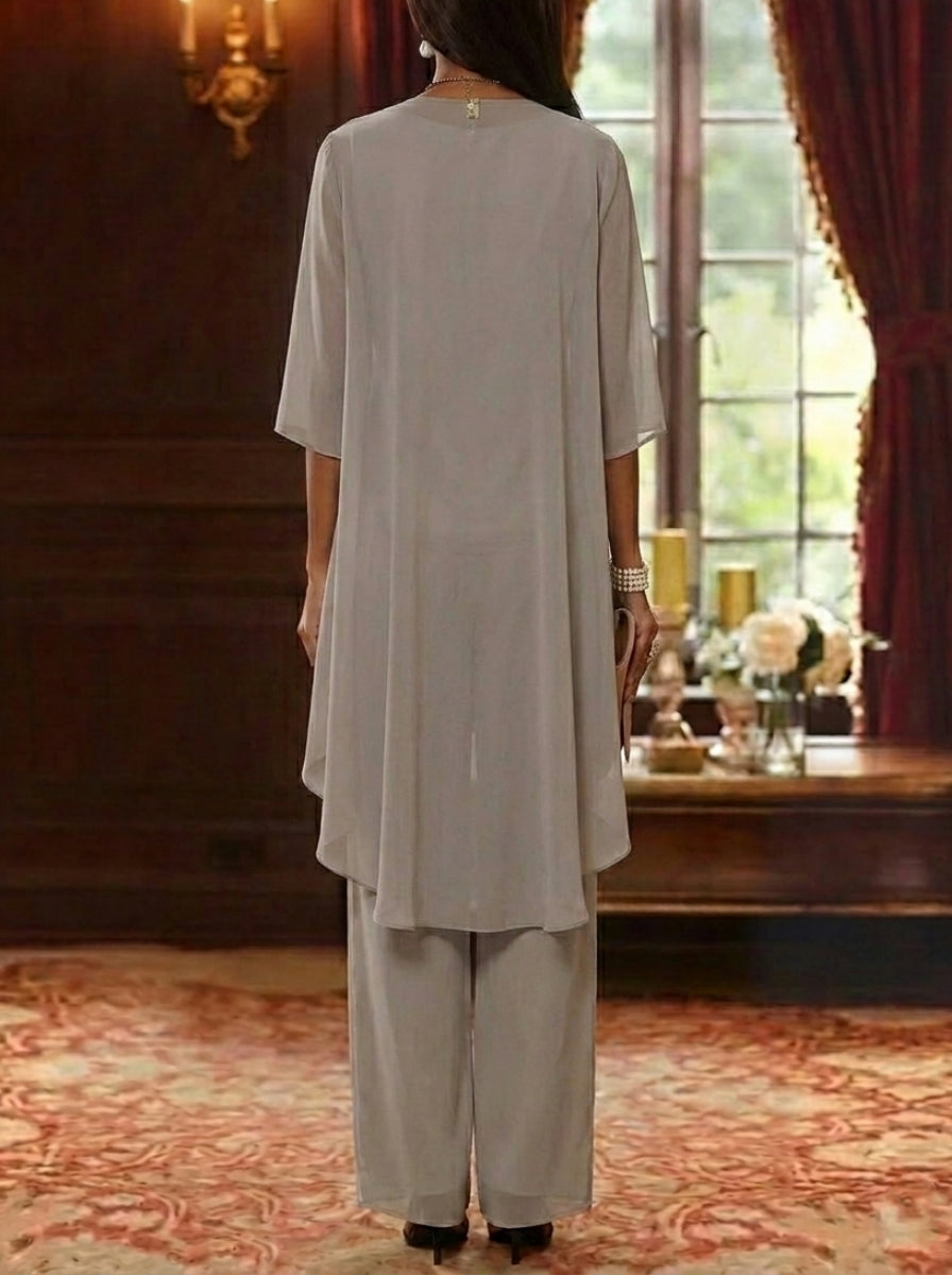 Robe mère de la mariée, Costume-Pantalon, Col Rond, Mousseline, Manches 3/4, Longueur de la Cheville, Dentelle