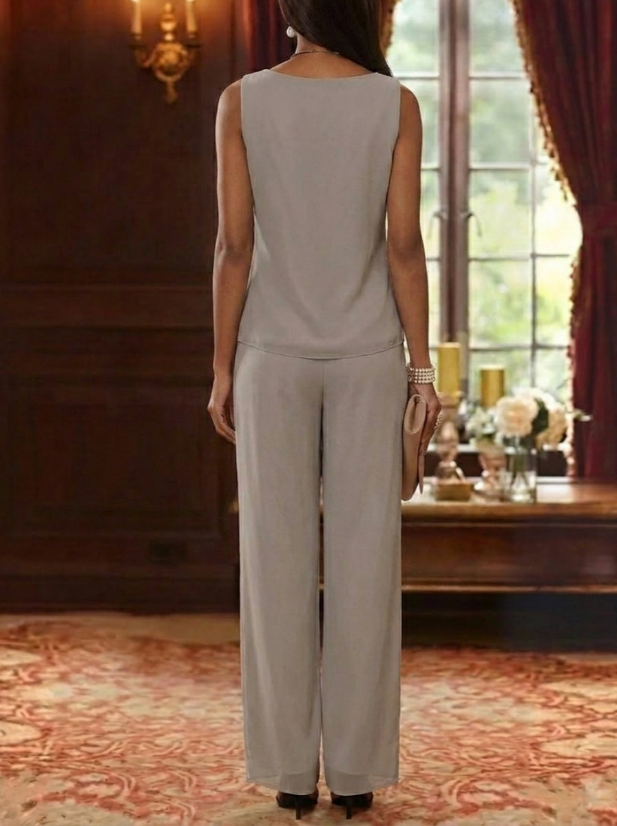 Robe mère de la mariée, Costume-Pantalon, Col Rond, Mousseline, Manches 3/4, Longueur de la Cheville, Dentelle
