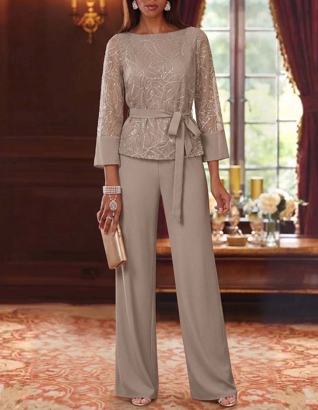 Robe mère de la mariée, Costume-Pantalon, Col Bateau, Mousseline, Manches 3/4, Longueur au Sol, Dentelle Paillettes, avec Ceinture