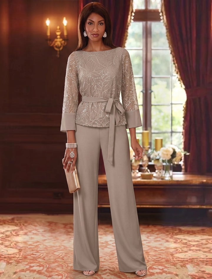 Robe mère de la mariée, Costume-Pantalon, Col Bateau, Mousseline, Manches 3/4, Longueur au Sol, Dentelle Paillettes, avec Ceinture