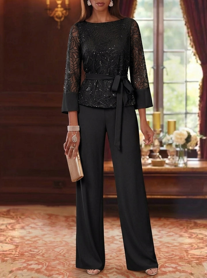 Robe mère de la mariée, Costume-Pantalon, Col Bateau, Mousseline, Manches 3/4, Longueur au Sol, Dentelle Paillettes, avec Ceinture