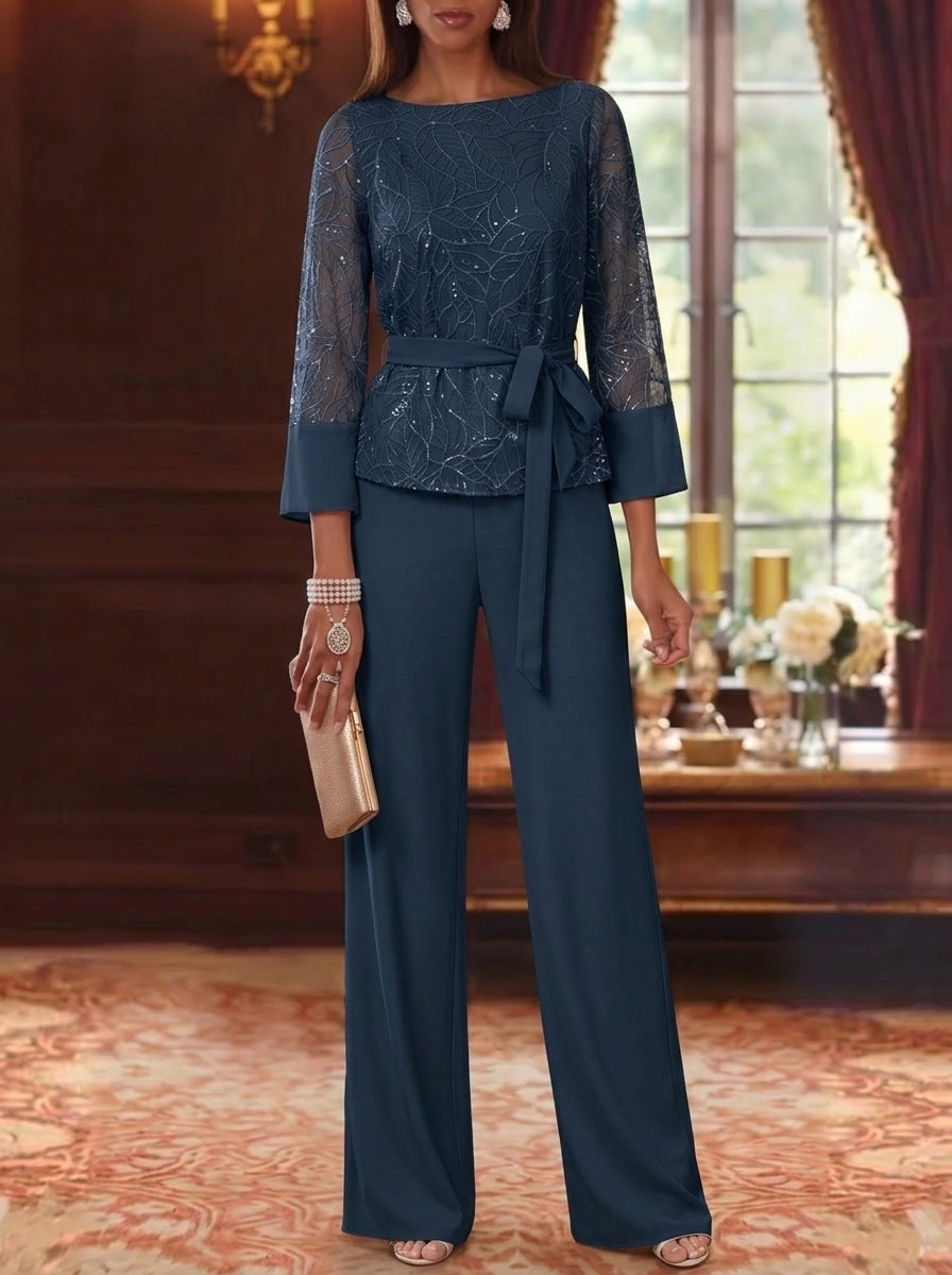 Robe mère de la mariée, Costume-Pantalon, Col Bateau, Mousseline, Manches 3/4, Longueur au Sol, Dentelle Paillettes, avec Ceinture