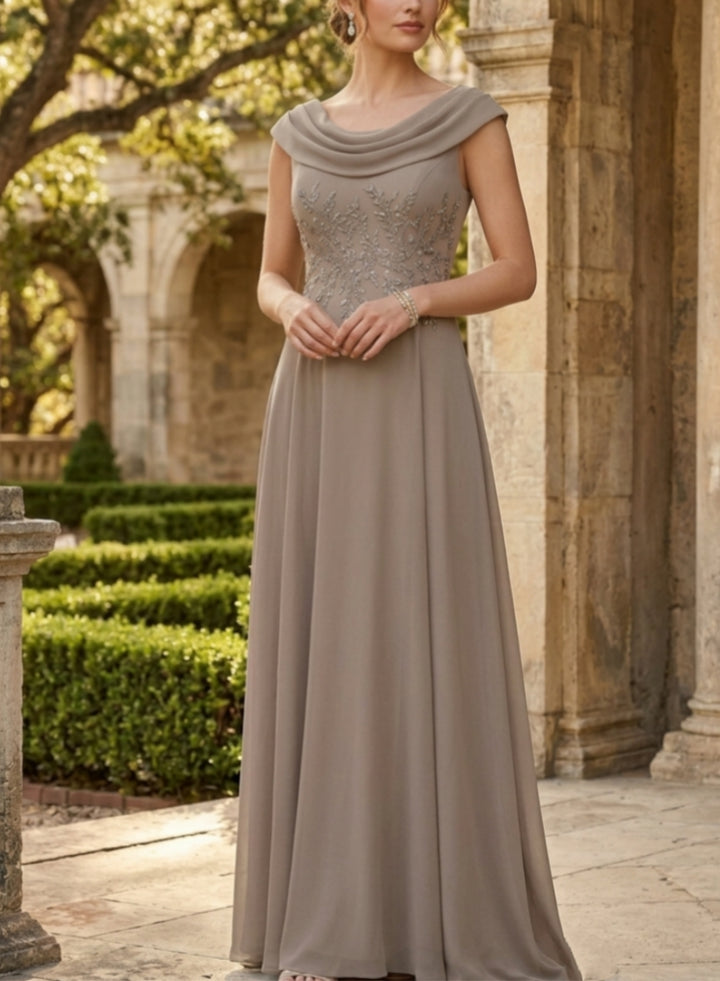Robe mère de la mariée, Ligne A/Princesse, Col Rond, Mousseline, Sans Manches, Longueur au Sol, Dentelle