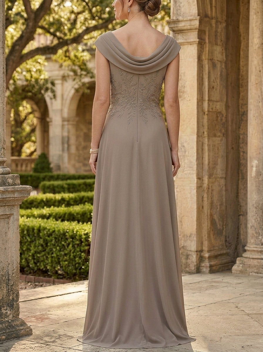 Robe mère de la mariée, Ligne A/Princesse, Col Rond, Mousseline, Sans Manches, Longueur au Sol, Dentelle