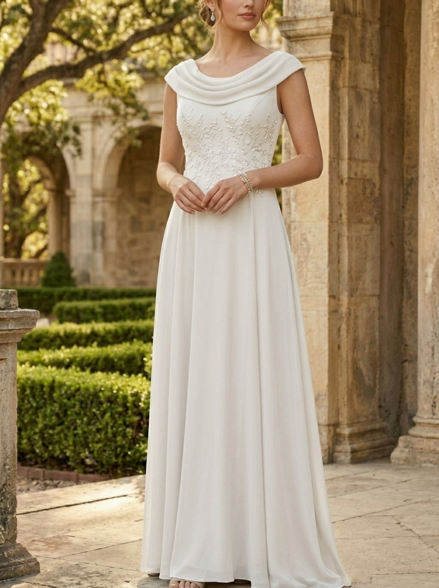 Robe mère de la mariée, Ligne A/Princesse, Col Rond, Mousseline, Sans Manches, Longueur au Sol, Dentelle