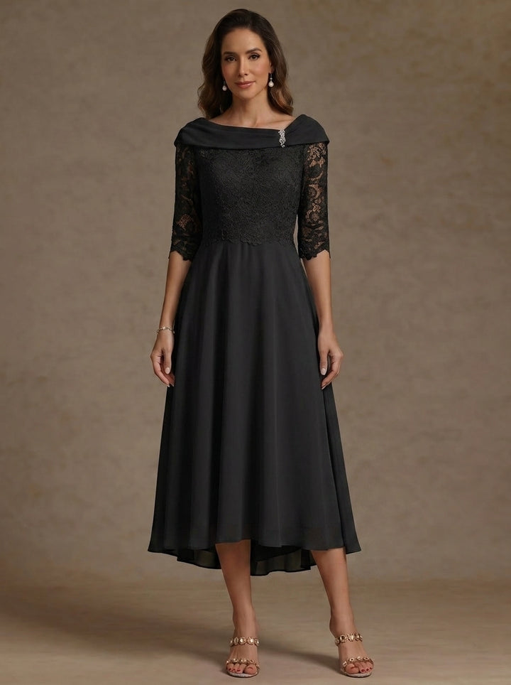 Robe mère de la mariée, Ligne A/Princesse, Col Bateau, Mousseline, Manches Mi-Longues, Longueur du Thé Haut-Bas, Dentelle