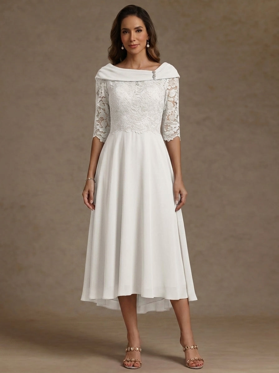Robe mère de la mariée, Ligne A/Princesse, Col Bateau, Mousseline, Manches Mi-Longues, Longueur du Thé Haut-Bas, Dentelle