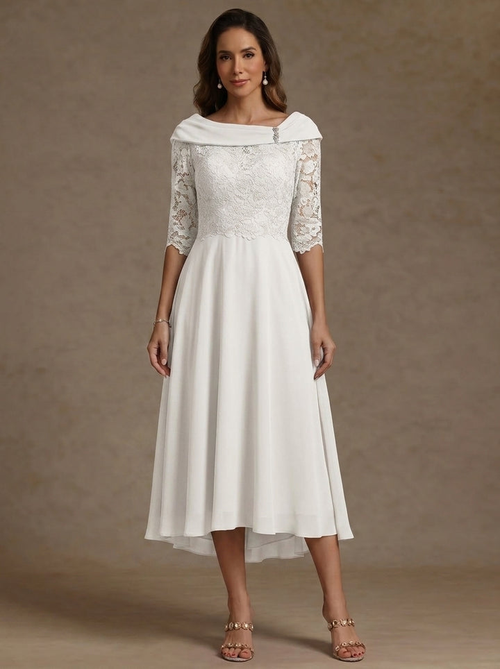 Robe mère de la mariée, Ligne A/Princesse, Col Bateau, Mousseline, Manches Mi-Longues, Longueur du Thé Haut-Bas, Dentelle