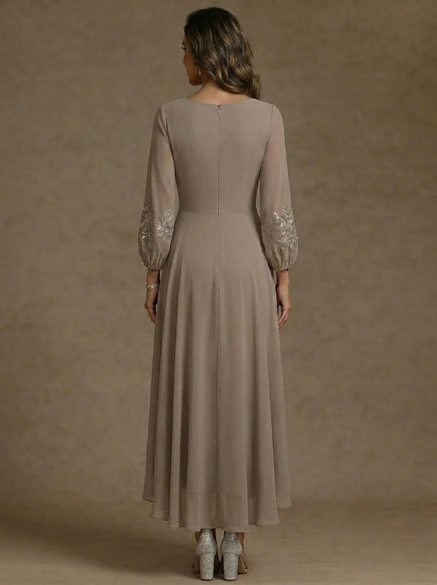 Robe mère de la mariée, Ligne A/Princesse, Col en V, Mousseline, Manches 3/4, Longueur du Thé Asymétrique, Dentelle, Florale